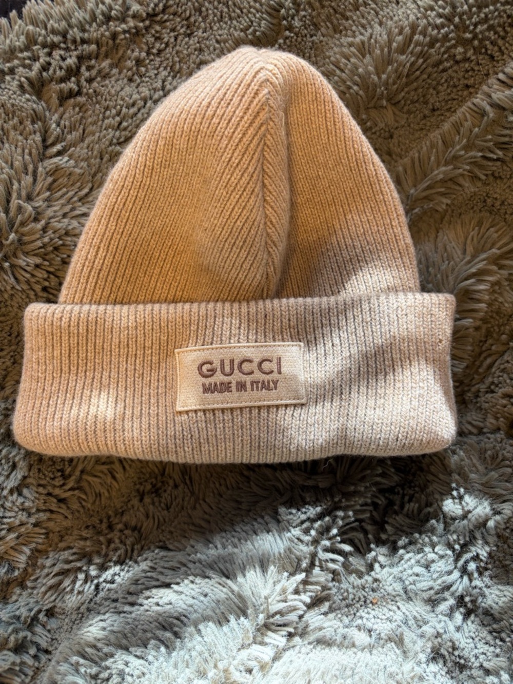 Gucci Beige Folded Cuff Knit Beanie with Logo Patch